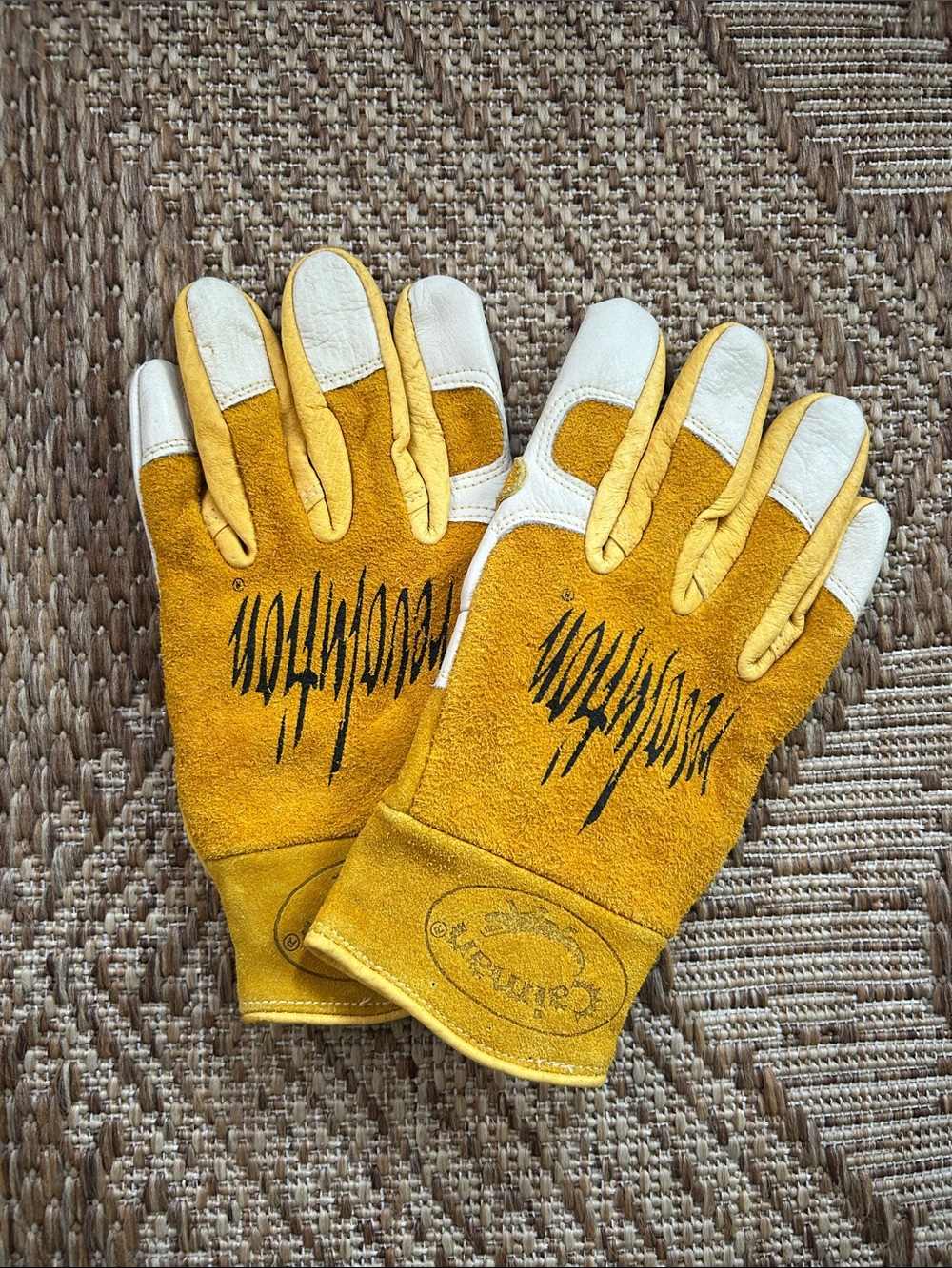 Crescent Yellow & White Men's Work Gloves with Black Script